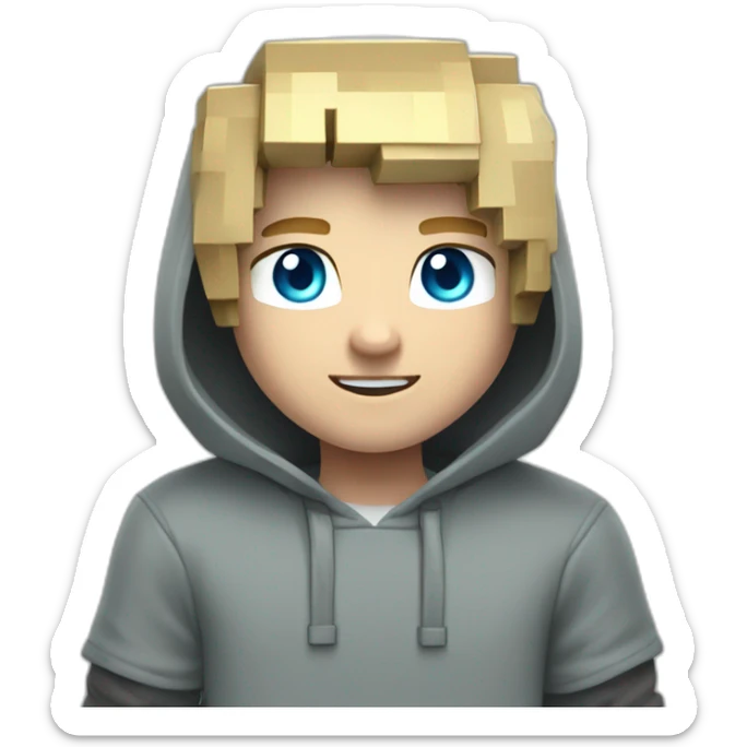 a young blond man with gray-blue eyes is dressed in a gray hoodie with a creeper from Minecraft on it sticker