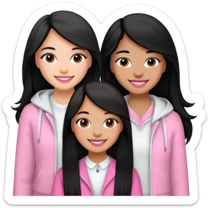 3 besties with professional glammed up looks wearing pink and white, medium skin tone smiling big with black long hair. Very girly  sticker