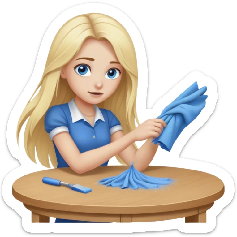 Cinematic realistic blonde with long hair, blue eyes wipes dust off the table sticker