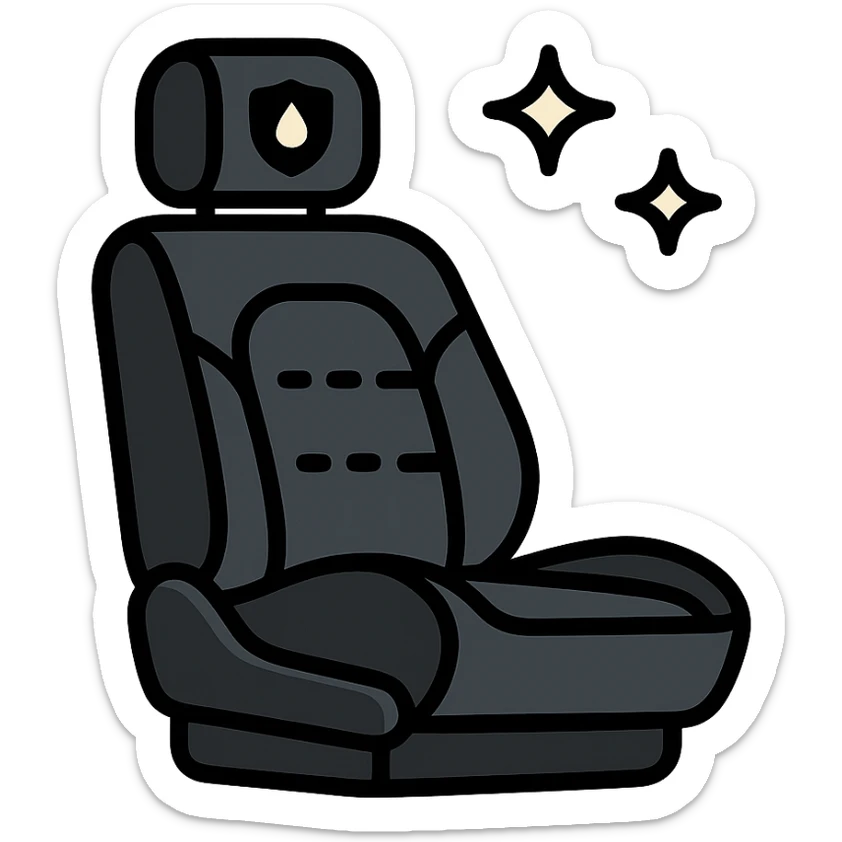luxury car seat icon in matte black with a small droplet or shield on the headrest, elegant stitching, minimalist lines, extra shine and sparkling effects, modern and clean style, no text sticker