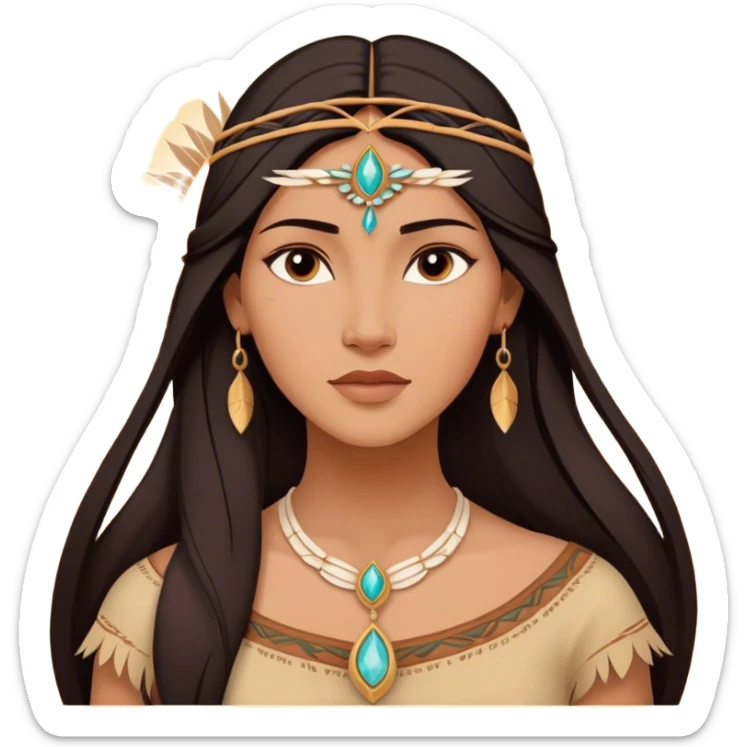 Cinematic Radiant Pocahontas Portrait Emoji, rendered in a vector-style with clean lines. Show Pocahontas with luminous, sun-kissed skin and flowing dark hair adorned with subtle natural ornaments, her expression calm and kind, dressed in simple traditional attire with earthy tones. The image glows softly with a warm, inviting radiance, enhanced by a soft glowing outline. sticker