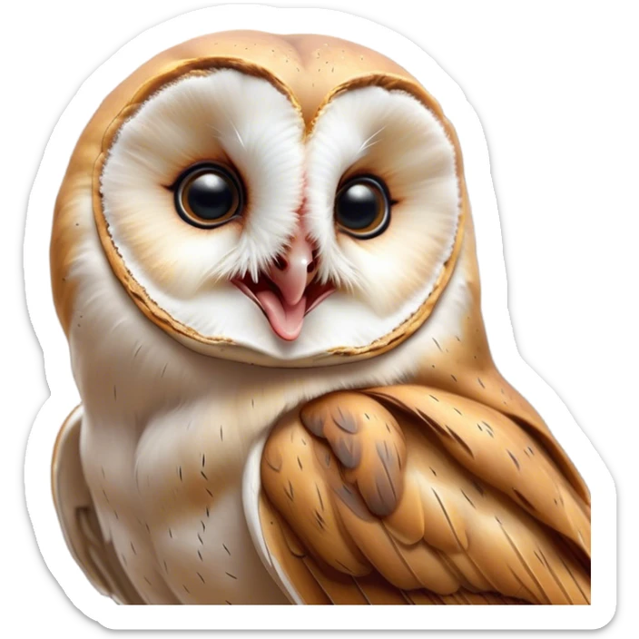 Cinematic Cute Yawning Barn Owl Portrait Emoji, Head tilted slightly with a dramatic, wide-open yawn, showcasing a soft, mottled plumage with subtle brown accents and gently drooping feathers, round amber eyes barely open in drowsy contentment, Simplified yet irresistibly adorable features, highly detailed, glowing with a soft, cozy glow, high shine, relaxed yet expressive, stylized with a touch of nocturnal whimsy, bright and endearing, soft glowing outline, capturing the essence of a sleepy yet affectionate owl, so drowsy it feels like it could glide out of the screen and curl up for a nap! sticker