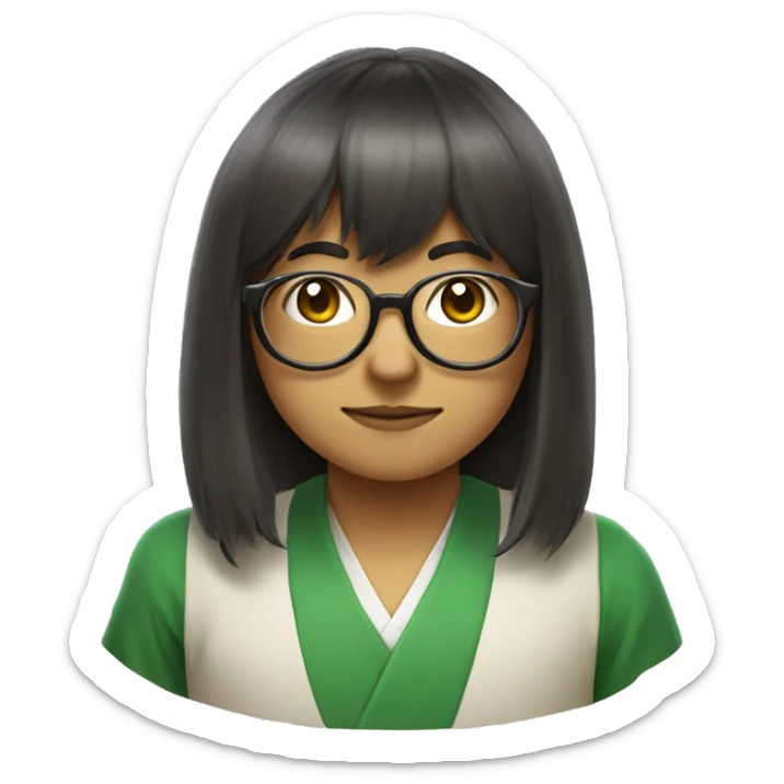 A Brazilian nerd with a mystical Japanese vibe, wearing round glasses and medium-length hair with bangs. The character should have a thoughtful or intelligent expression, reflecting a fusion of Brazilian and Japanese culture. sticker