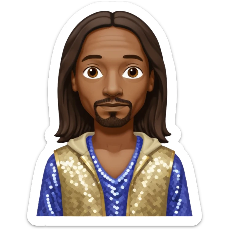 Snoop Dogg with long dark brown hair, periwinkle sequin crop top, cream sequin baggy pants sticker