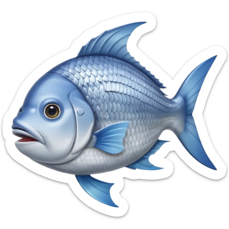 whole raw sea bream, natural arch, shiny silver scales, blue-grey top, pale belly, eye, fins, tail, mouth closed, fresh and firm, no plate, ice, garnish, clean 3D, soft shadows, transparent background, emoji scale sticker