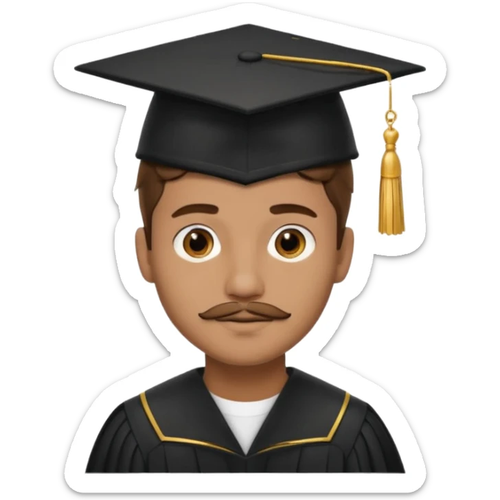 A young man with short brown hair, light brown skin, and a small mustache, wearing a black graduation cap with a gold tassel. sticker