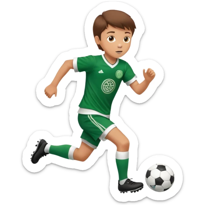 Brown hair 6 years old white boy footballer RUNNING playing soccer wearing CELTIC  UNIFORM  ( jersey) # 17 in the jersey !  sticker