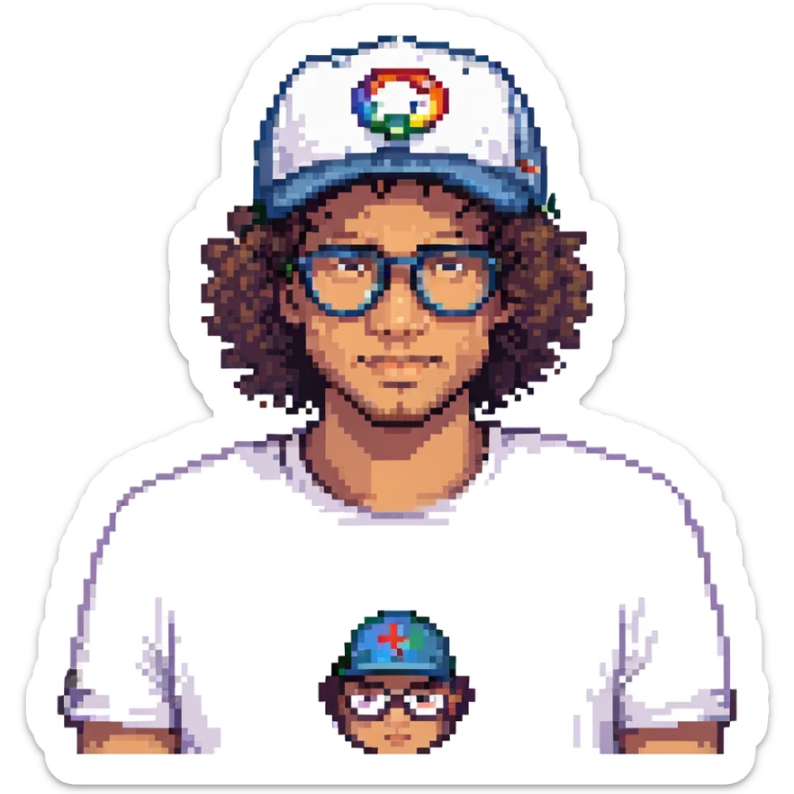 man with a New Era cap, curly hair, and glasses, pixel art style sticker