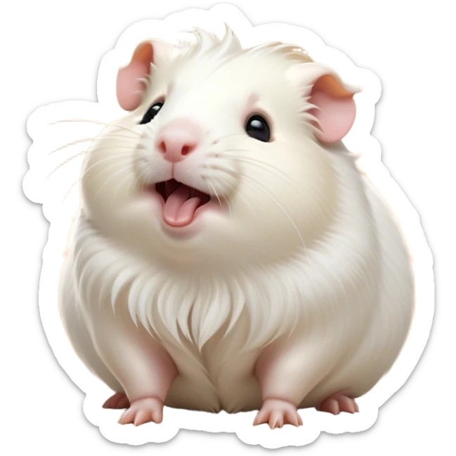 Cinematic Cute Yawning White Guinea Pig Portrait Emoji, Head tilted slightly with a dramatic, wide-open yawn, revealing a soft, downy white fur with tiny drooping ears, round dark eyes barely open in drowsy contentment, Simplified yet irresistibly adorable features, highly detailed, glowing with a soft, cozy glow, high shine, relaxed yet expressive, stylized with a touch of whimsy, bright and endearing, soft glowing outline, capturing the essence of a sleepy yet affectionate guinea pig, so drowsy it feels like it could stretch right out of the screen and curl up for a nap! sticker