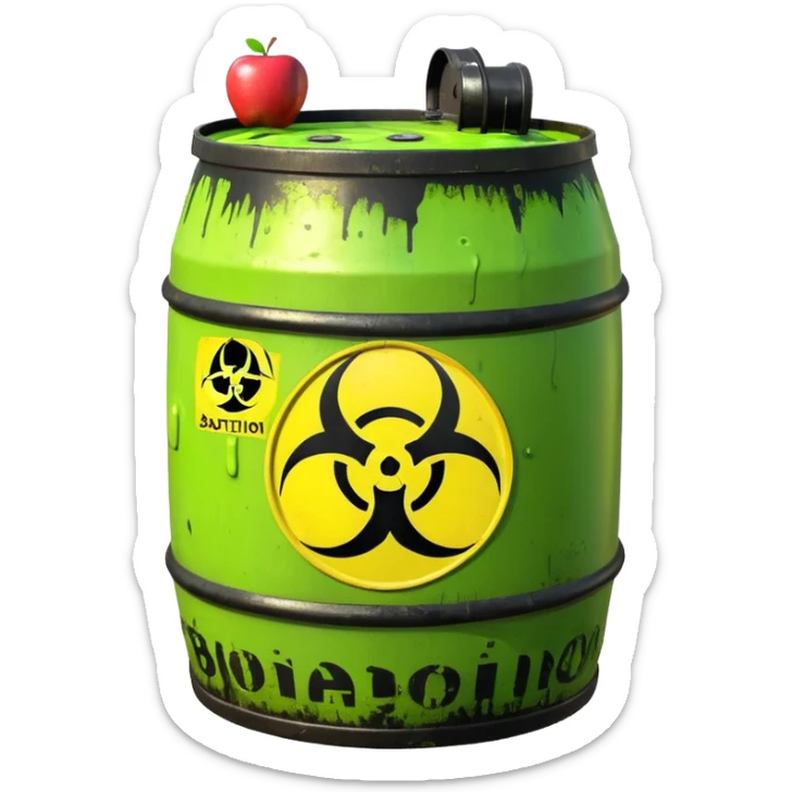 3D render of Biohazard Barrel, toxic waste aesthetic, neon green bubbling liquid, caution yellow metal, industrial warning texture, Apple emoji style, isolated on white background --v 6.0 sticker