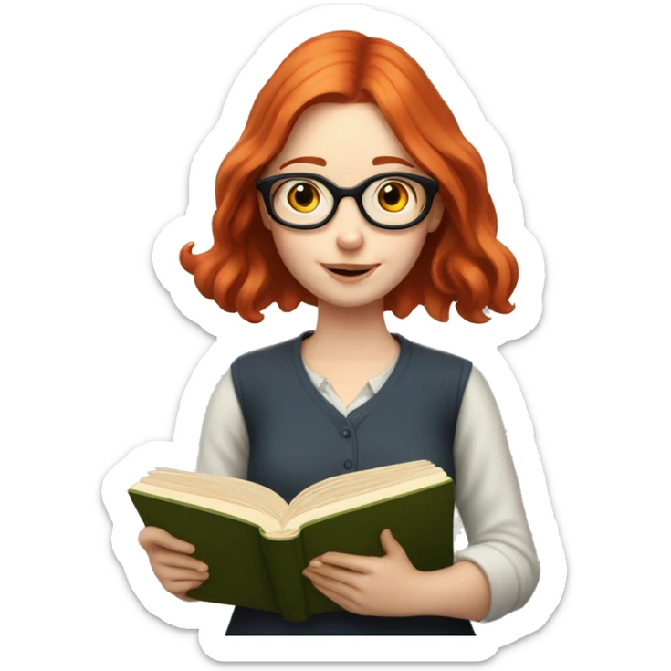 Pale girl with red hair and glasses reading a book sticker