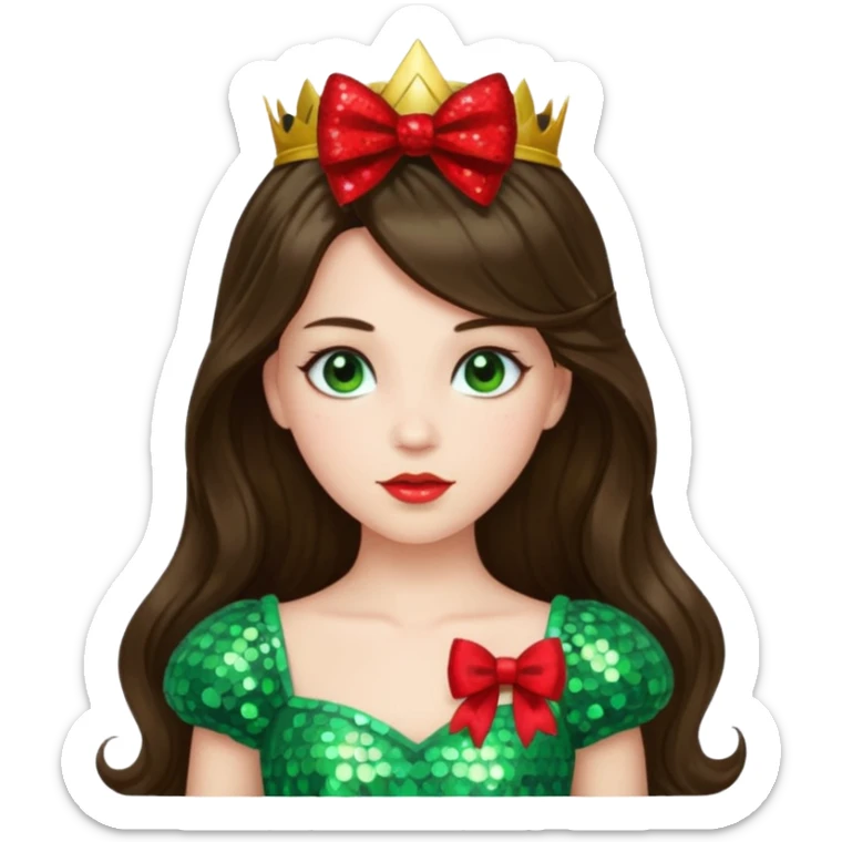 Princess Ozma from Oz with long brunette hair, light green sequin outfit, red bow sticker