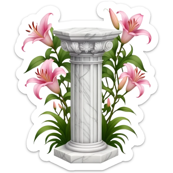 White tall marble pedestal with vines growing on it and pink lilies, beautiful romantic scenery  sticker