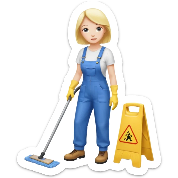 middle-aged women, Custodian with yellow rubber gloves, white T-shirt, blue overalls, mopping floor sticker