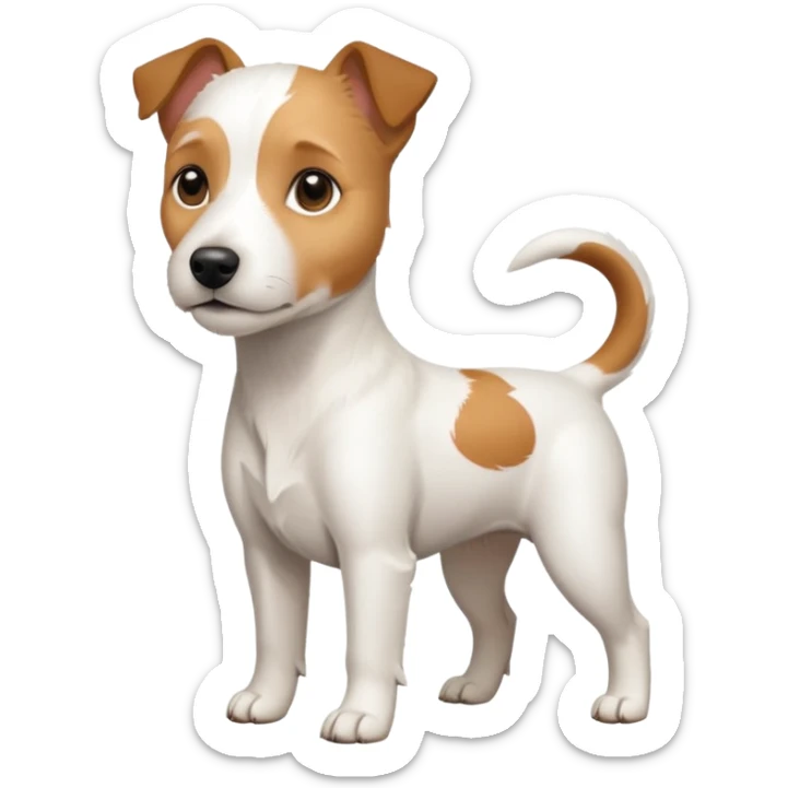 a full body white parson russell looking dog the size of a kelpie with light brown ears and a light brown patch on one eye and a large snout sticker