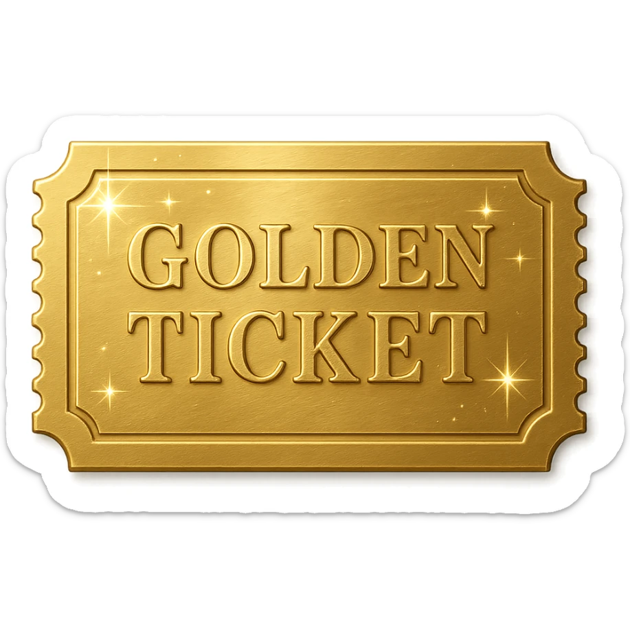 a golden ticket with sparkles and shine, shiny gold, embossed details, reflective, luxurious sticker
