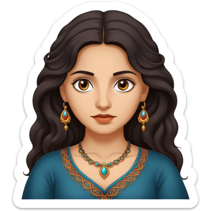 A Romani woman with long, wavy dark hair and a She has deep eyes and a confident, mysterious expression sticker