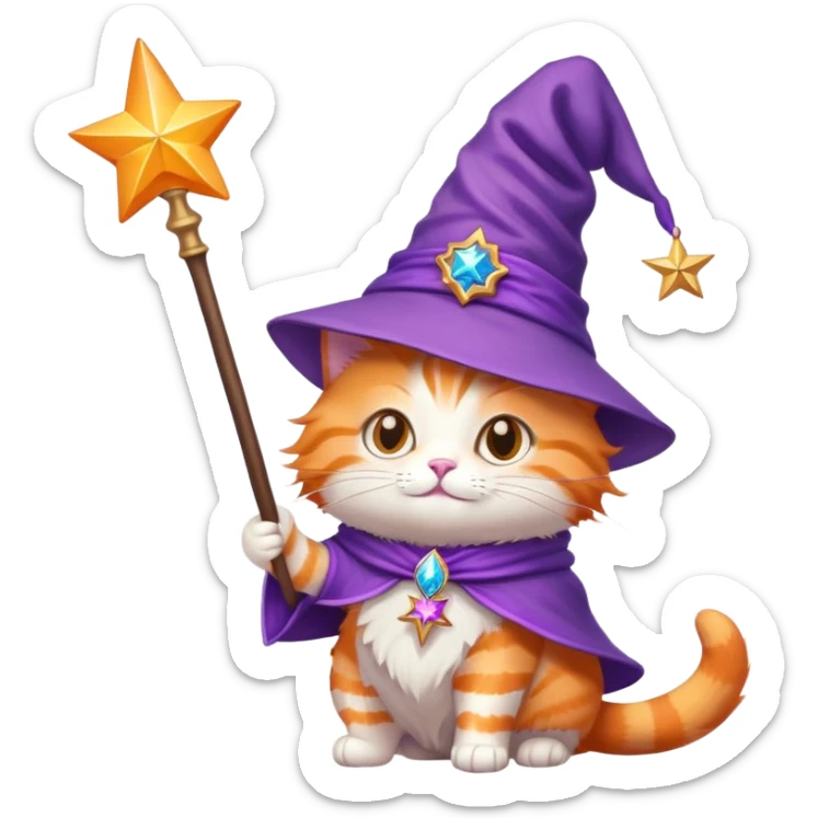 Orange cat wearing a purple wizard hat and holding a magic wand with a star at the tip sticker