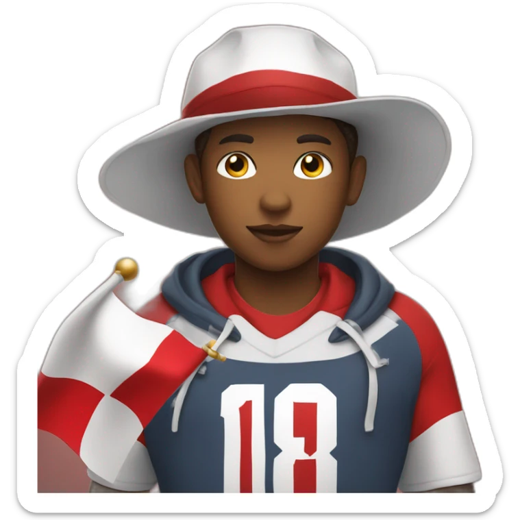 A 13-year-old boy with a big body, wearing a red white hat and holding a red white flag. He likes football very much. sticker