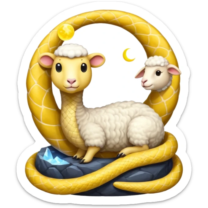 Snake watching a hologram of a sheep. Sheep is holding the Moon.  sticker