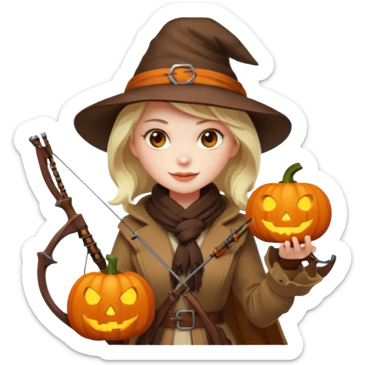 female human monster hunter emoji, wearing brown coat and hat, holding crossbow, soft smile, scarf, glowing pumpkin by her side, Halloween fantasy style, clean vector Apple emoji look, bright colors, white background, square sticker