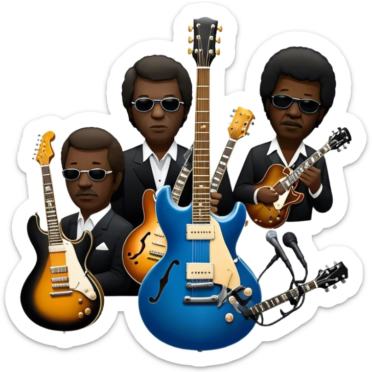 Icon for Blues Music: close-up collage of legendary blues artists. Gary Moore, Eric Clapton, B.B. King and Joe Cocker. Represented by silhouettes or symbolic items like guitars, microphones, or music notes, reflecting the soulful energy of blues music. Transparent background. sticker