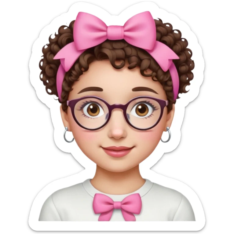 ragazza con i capelli ricci castani cortissimi, con un fiocco rosa in testa, sopracciglia corte,occhiali tondi,occhi marroni, septum piercing e nostril piercing, lei sorride sticker