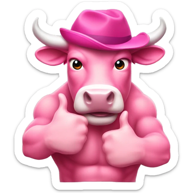 pink colour Bull wearing hat showing his six-pack muscles and giving a thumbs-up sticker