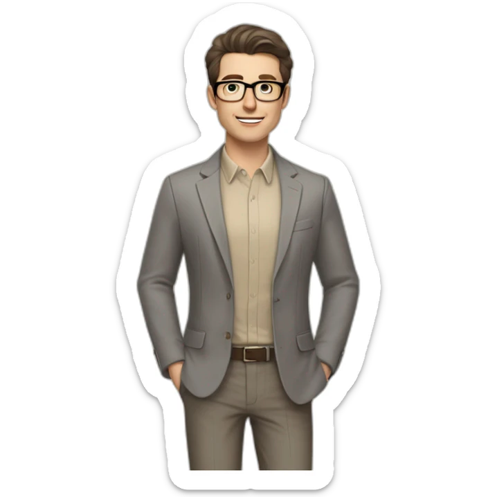 Full height Pale skinned Fit Man With dark brown hair in gray classic jacket, beige office shirt, Brown pants and vintage glasses. Thrumbs of his palms upwards sticker