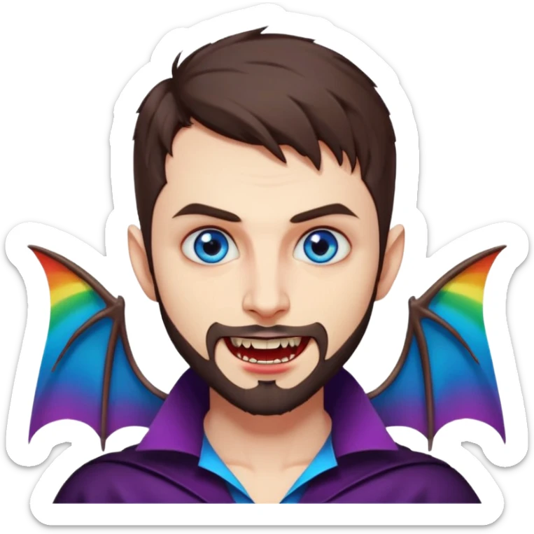 Vampire with hypnotic blue eyes, short brown hair, short beard/scruff and long sharp vampire fangs. rainbow color bats behind him sticker