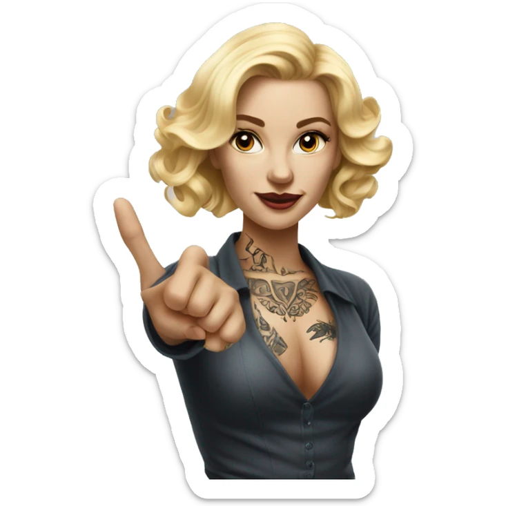 Blonde elegant women, her Body Covered with Tattoos, POINTING to YOU FORWARD with her ONE HAND , Hyper realistic sticker