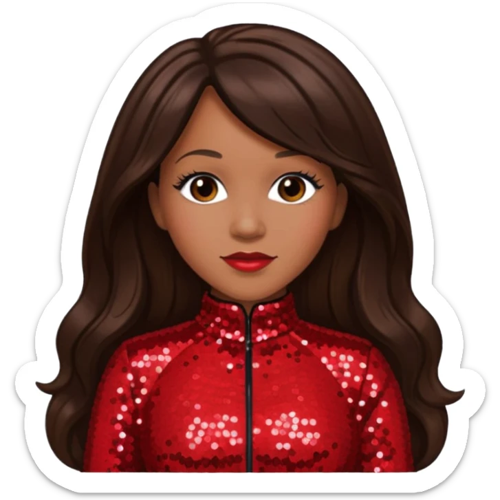 Erica Campbell from Mary Mary with long dark brown hair, red sequin outfit sticker