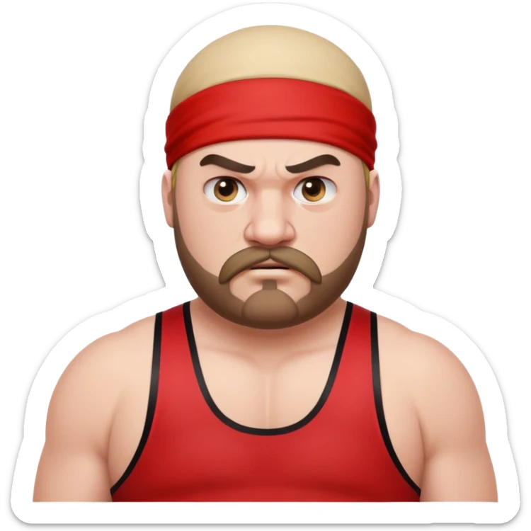 Close-up of extremely fat white skin guy with young face, beard and mustache, no muscle with prominent black durag, black eyes in a red and black wrestling singlet with angry face sticker