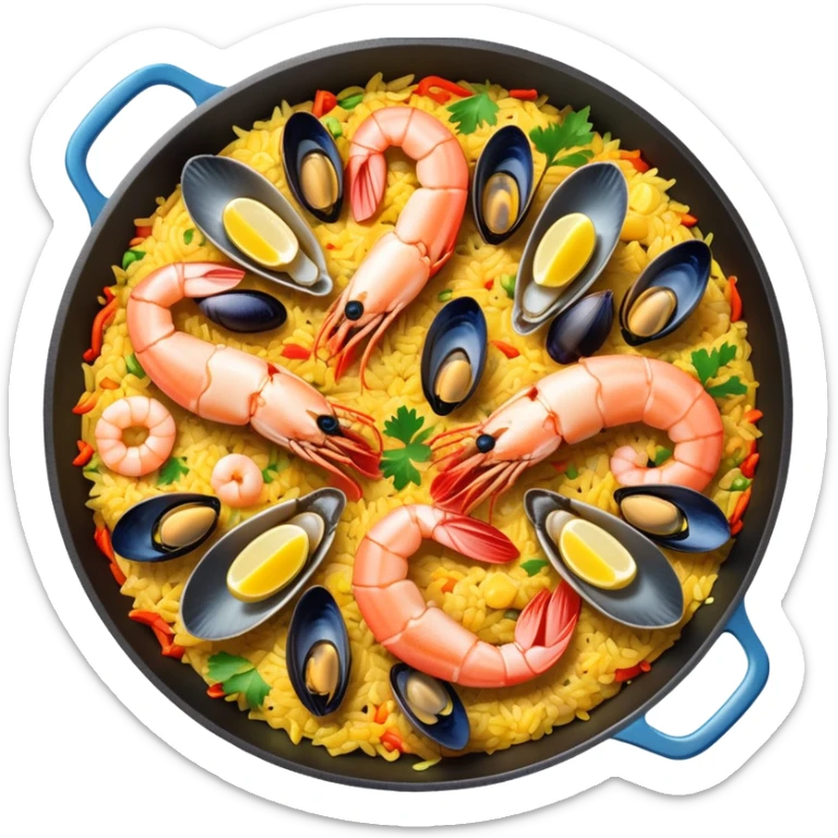 seafood paella in a pan with shrimp, mussels, rice, and saffron sticker