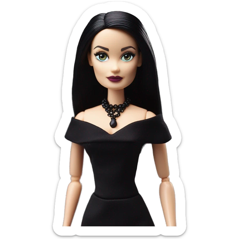  Elegant witch Wednesday Addams Barbie.  Small very light skin face. Earrings with matching necklaces. Long silky raven hair. black flowing strapless tight evening gown neckline that’s off-the-shoulders shows her legs and black high heel shoes.rc car sticker
