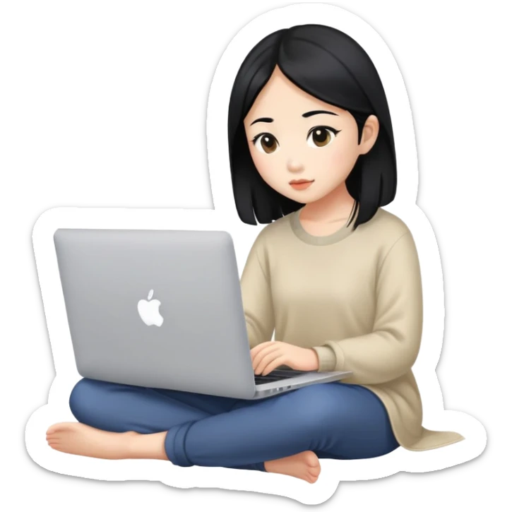 Asian girl with black hair sitting and watching a MacBook laptop sticker