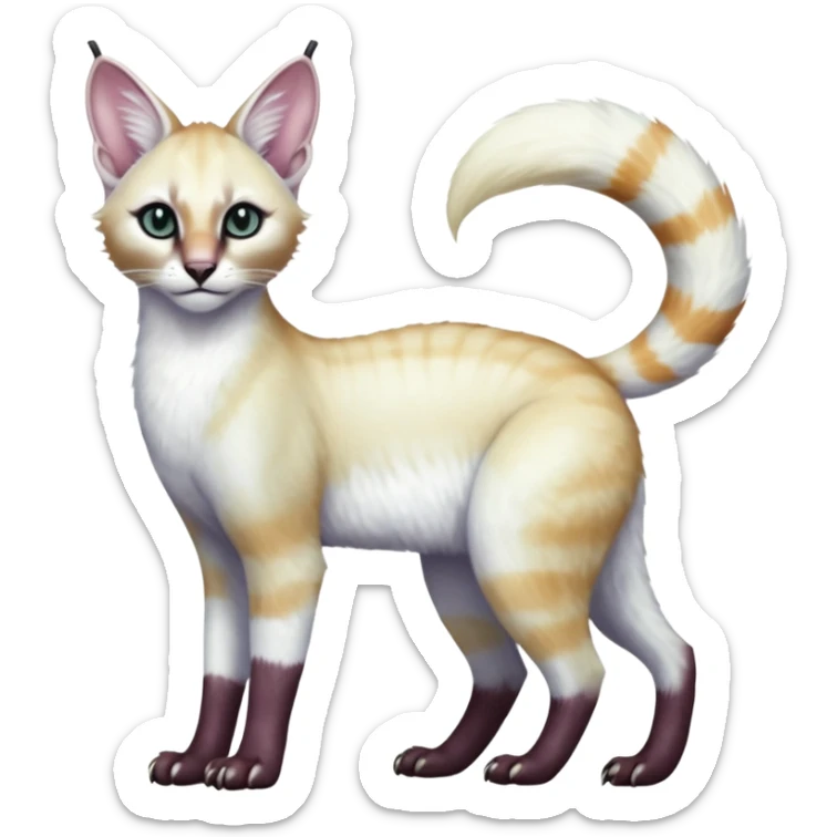 Colorful tropical pearly-albino-white iridescent glorious divine exotic cute cool beautiful shiny beautiful fantasy-caracal-civet-genet-sergal-vernid-Cacomistle-oncilla-animal-Fakémon-hybrid-fursona with tufted ears (full body) sticker
