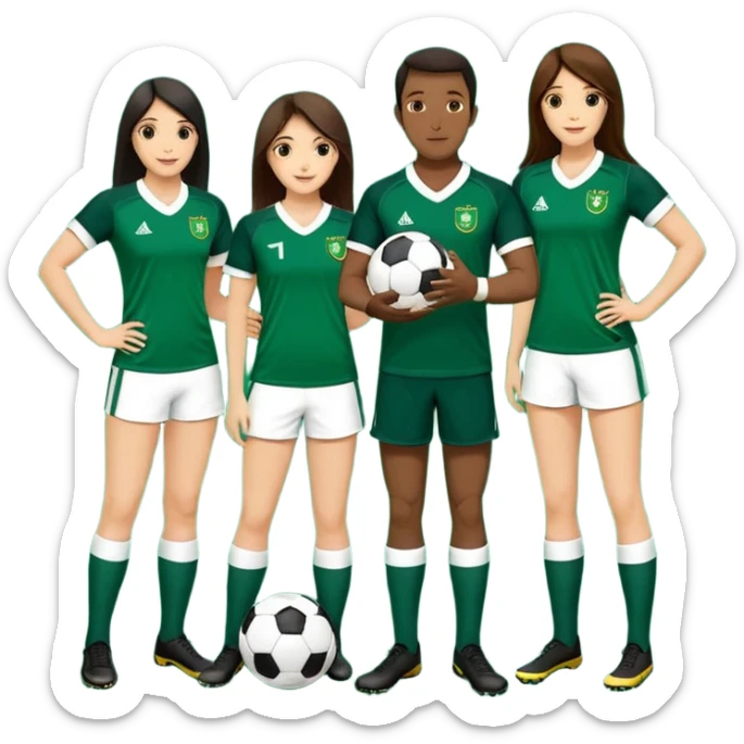 3 atletas, um homem no meio e duas mulheres com cores de pele diferentes, usando elementos esportivos, bola de futebol, luvas de luta e bola de vôlei. Coloque um chapéu de papai noel das cores verde e com uniforme azul e branco sticker