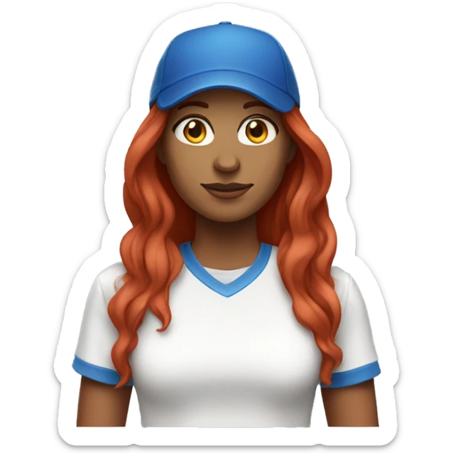 front facing standing female coach with long red hair, wearing a white t-shirt and a simple blue hat sticker
