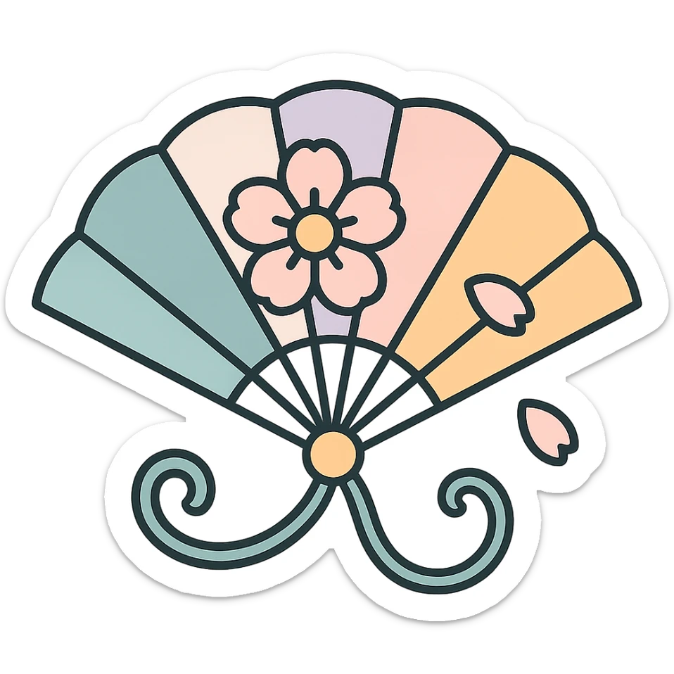 Chinese fan with curved cords, floral ornament and petals, high detail, complex shadows and highlights, thin clean outlines, soft rounded shapes, pastel palette #98B5BC, #B5B3C1, #C9A3C9, #E4C0CA, #F7DCD1, #F7C0AA, modern Japanese pop art and sticker aesthetic, soft lighting, transparent background sticker