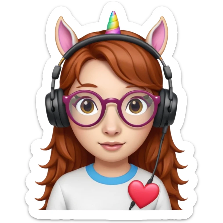 headphone wearing unicorn with dark ginger hair and heart shaped spectacles sticker