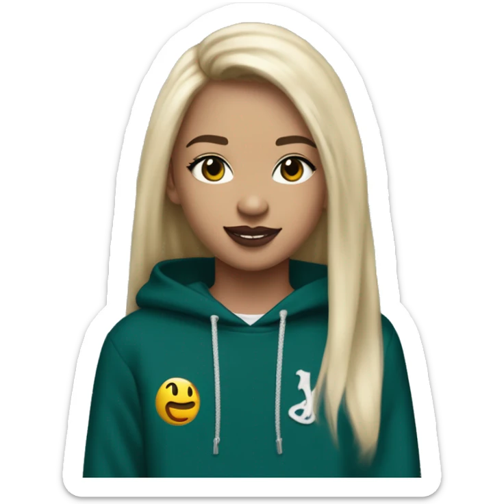14 year old with long light blonde hair, middle part, chin length curtain bangs, smirking smile, dark teal eyes, long black eyelashes, wears a mulberry hoodie, black leggings, mulberry converse, black pearl earrings, wears a silver cancer sign necklace. sticker