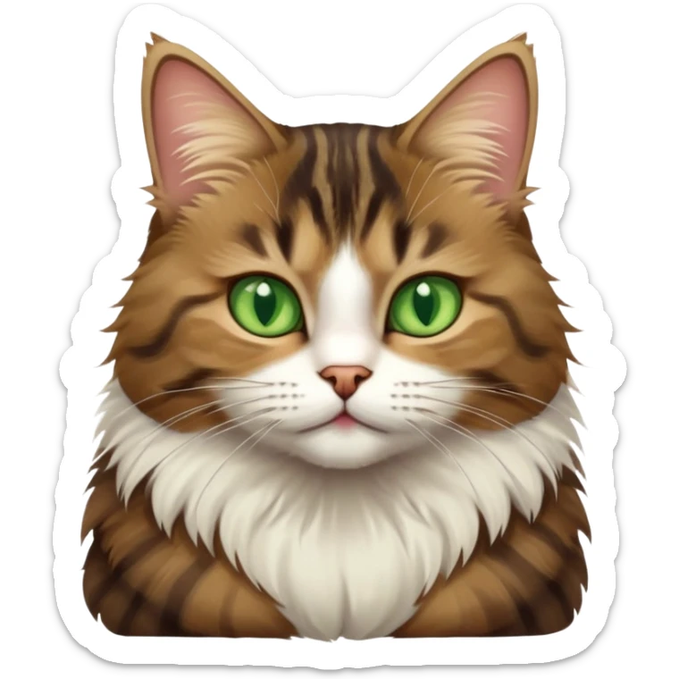 Brown, white, and black tabby cat with green eyes sitting to show its white belly, cute facial expression sticker