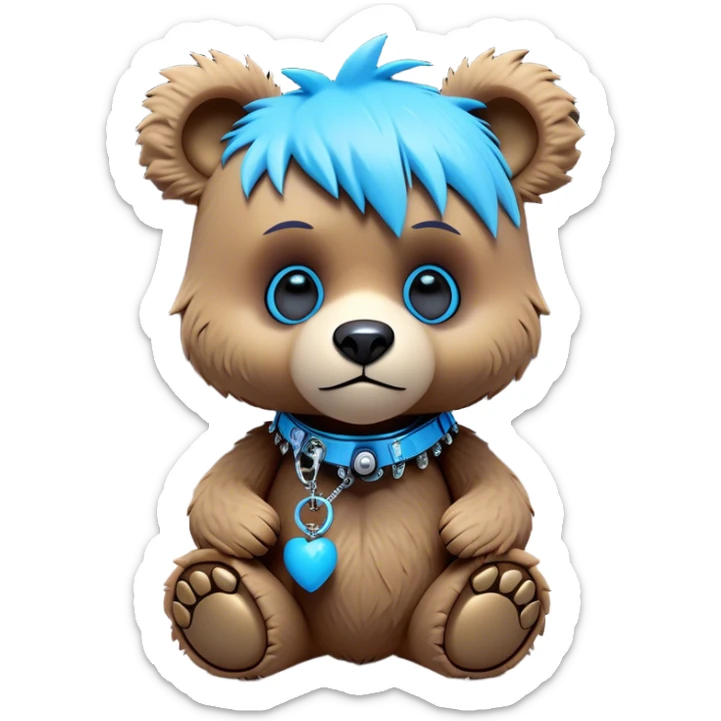 3D, adorable little Pixar style blue neon punk bear with broken toy, ultra detailed, each lash, eye, and strand of fur is shown in stunning detail as though captured in a timeless photograph, rich textures, visually rich, so lifelike it feels like it could leap off the page at any moment sticker