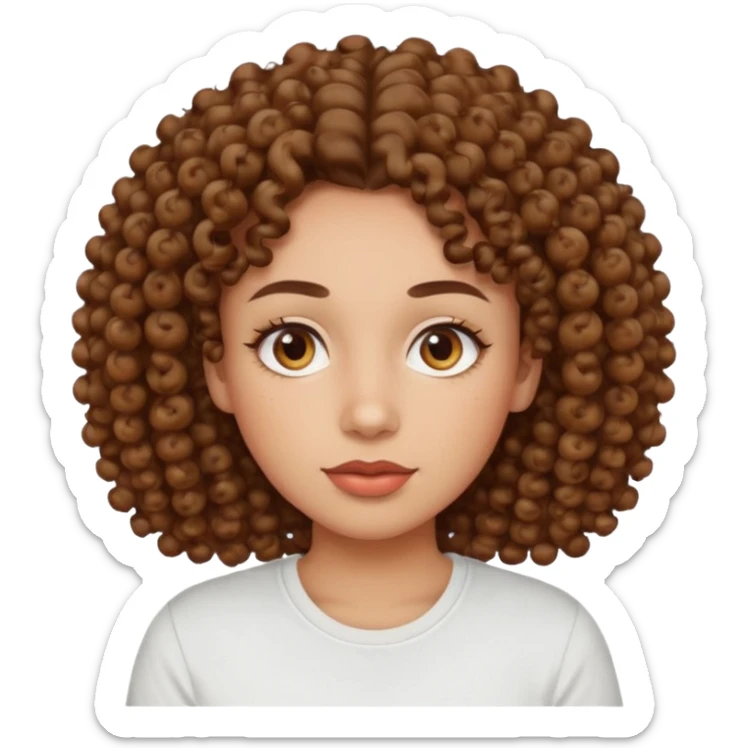 
professional, curly brown lady with hazel eyes, a little dot on the top of the left lip, a normal t shirst sticker