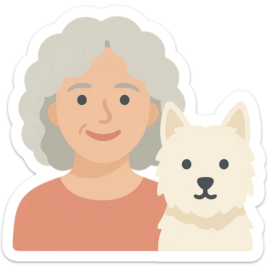 50-year-old pretty lady with silver curly hair, smiling, with a Westie dog, color icon sticker