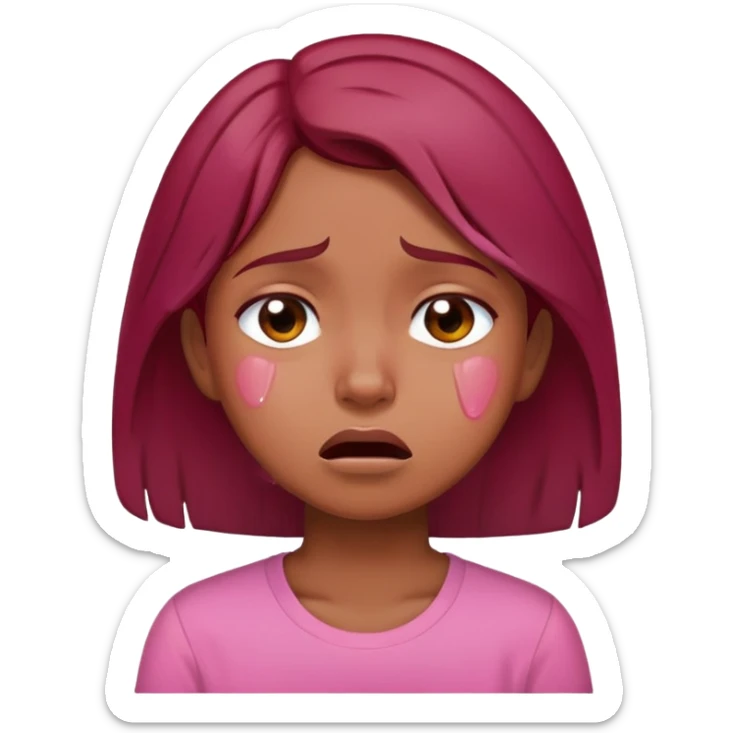 brown girl with dark red hair crying with a pink shirt sticker