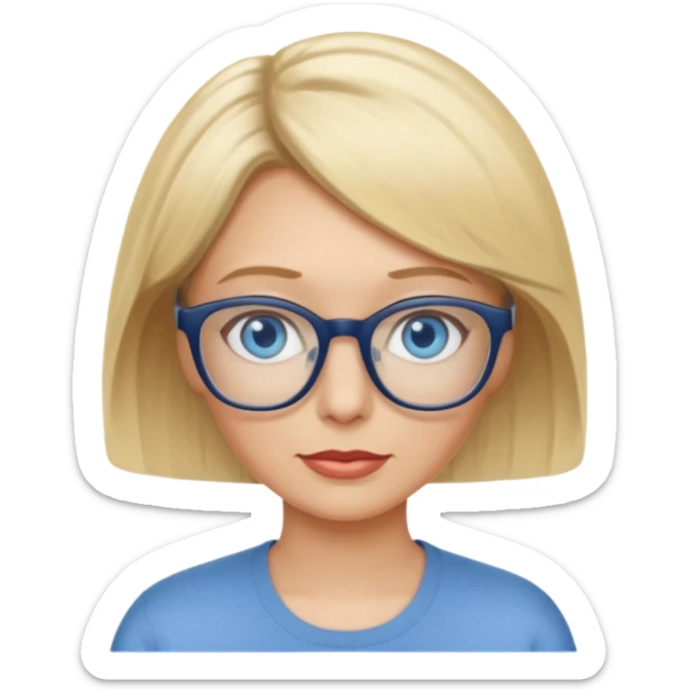 white woman about 50 blonde bobbed hair blue eyes glasses sticker