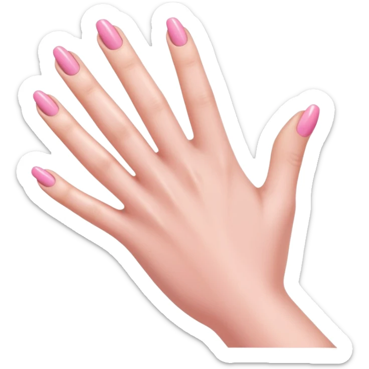  pink  close-up of a human hand with exactly five fingers, beautifully manicured nails, glossy pink nail polish, elegant nail shape, soft lighting, realistic style, isolated on transparent background" sticker