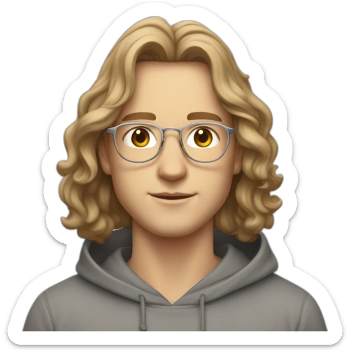 young white guy with medium long wavy hair and a fade in light brown color and rounded silver glasses with a grey hoodie on sticker